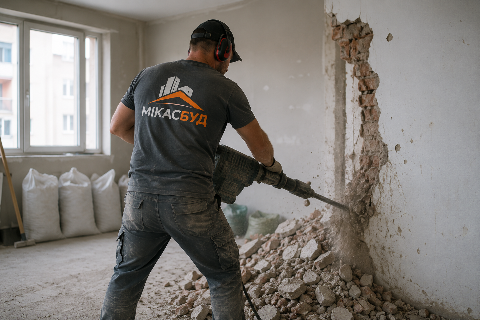 Demolition works in an apartment in Kharkiv — a construction worker from MIKASBUD is dismantling a wall with a jackhammer during an interior renovation project.