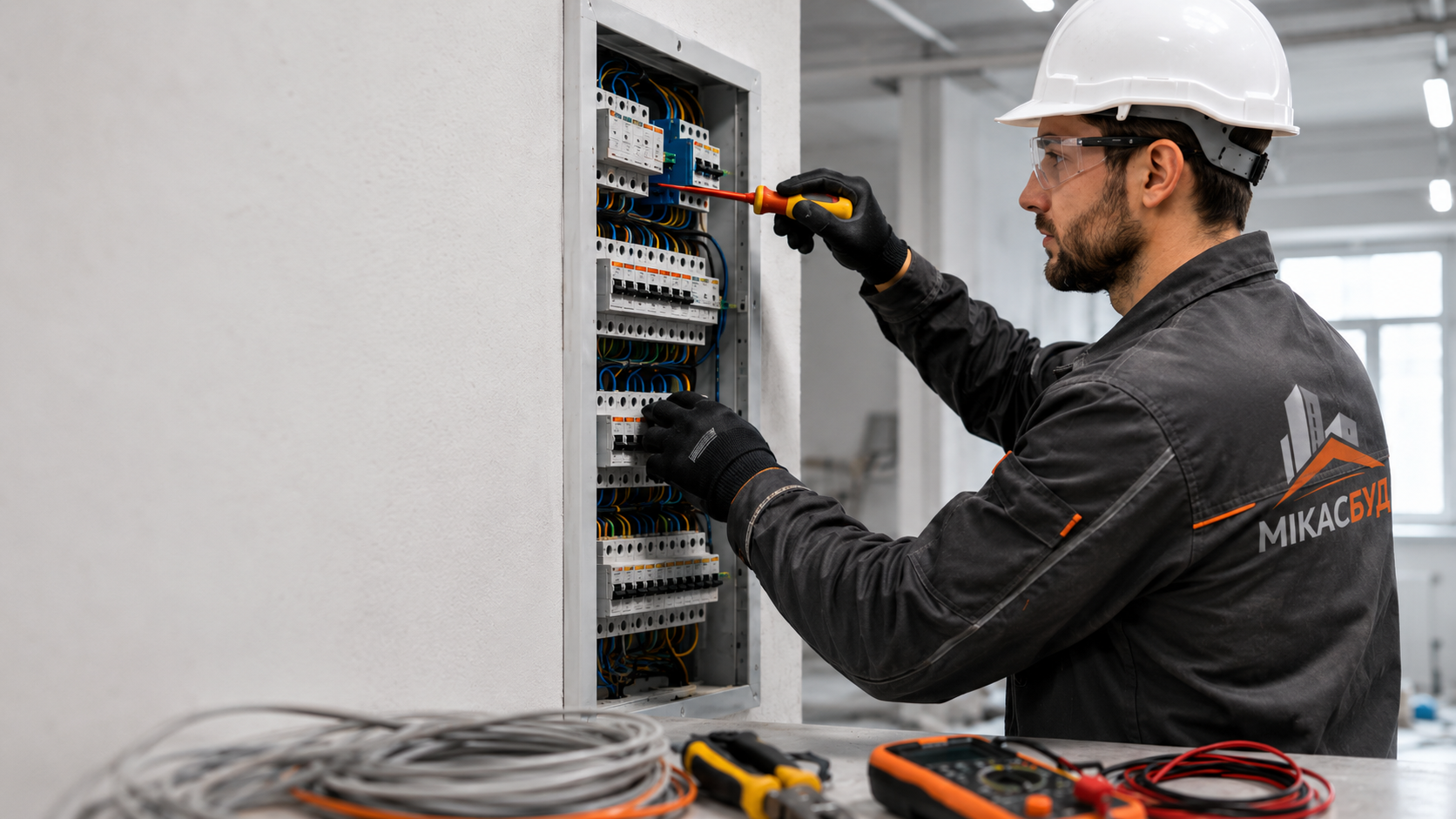 Electrician performing electrical installation work with Mikasbud logo on work uniform