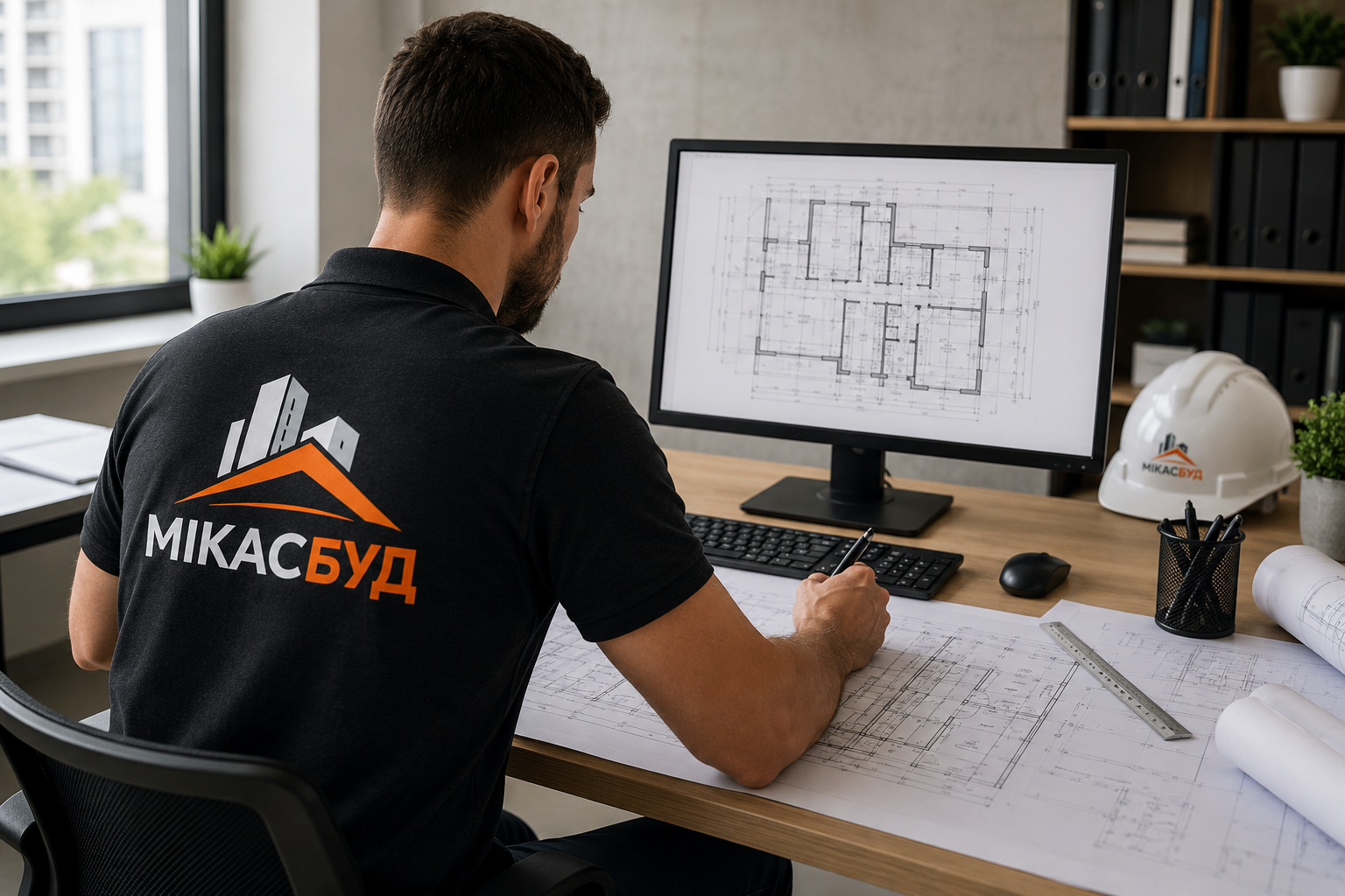 Architect from the construction company MIKACБУД working on architectural drawings and project documentation in a modern office in Kharkiv, Ukraine.